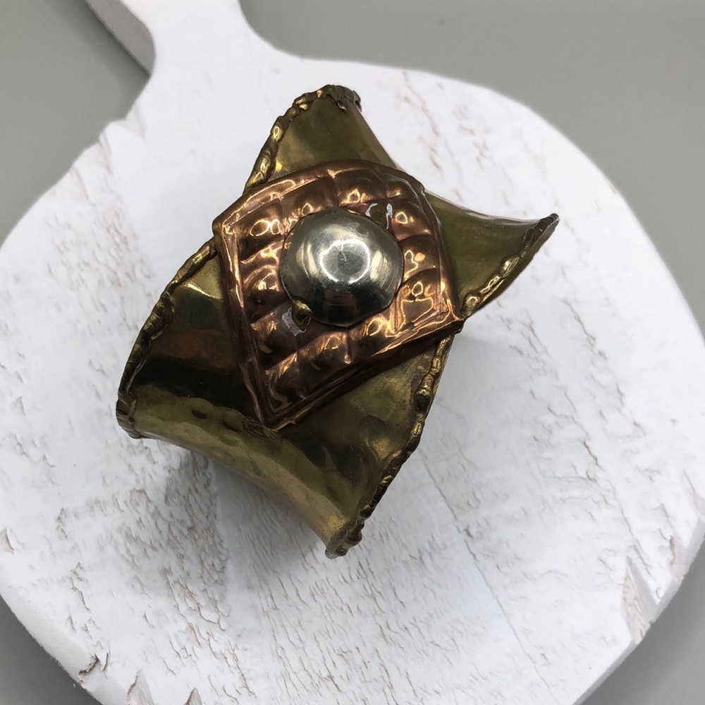 Vintage artisan brutalist art to wear hammered cuff bracelet, statement style.